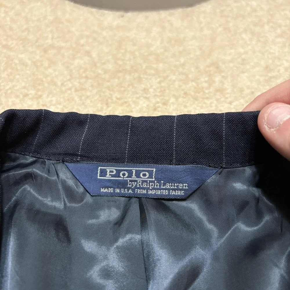 Vtg Polo By Ralph Lauren Blazer Mens 42‎ Blue Wool Pinstripe USA Sport Coat 80s